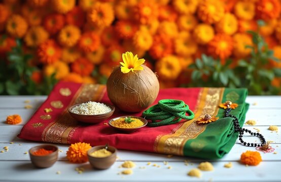 Indian Oti Bharne ritual setup with red sari green blouse piece coconut rice turmeric powder bangles and marigold flowers. Festive offering for goddess or married woman during Navratri celebration.