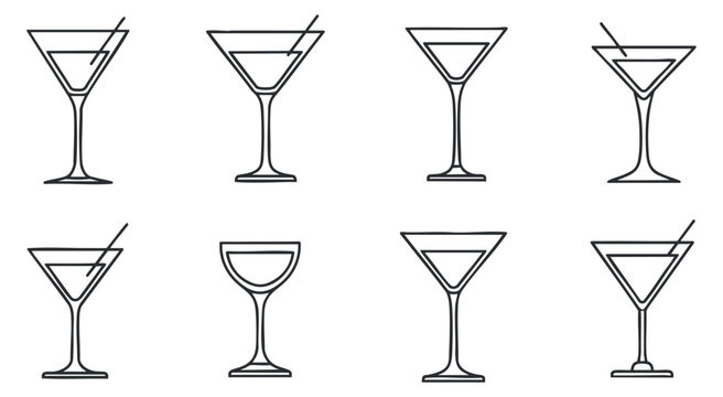 A set of cocktail and martini glasses in minimalist black outline vector style, ideal for bar and restaurant branding