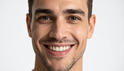 Obraz premium hombre sonriente con dentadura blanca y cuidada sobre fondo blanco concepto de salud, bienestar, optimismo, empatía, actitud positiva, confianza, estética facial personal