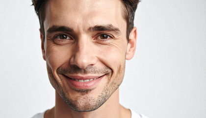 Obraz premium hombre sonriente con dentadura blanca y cuidada sobre fondo blanco concepto de salud, bienestar, optimismo, empatía, actitud positiva, confianza, estética facial personal