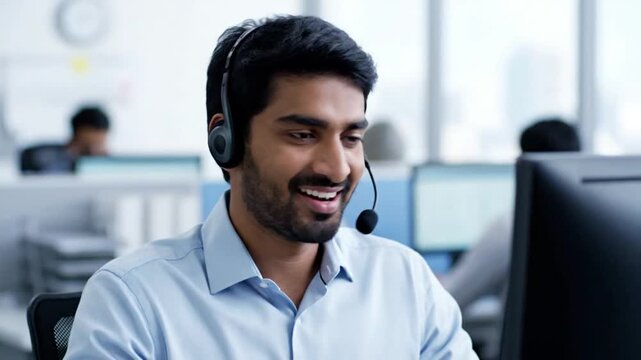 Smiling Indian client success manager providing global customer support and IT helpdesk solutions on headset