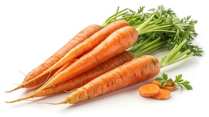Close-up of raw carrots showing smooth skin and bright color, studio isolated on white.