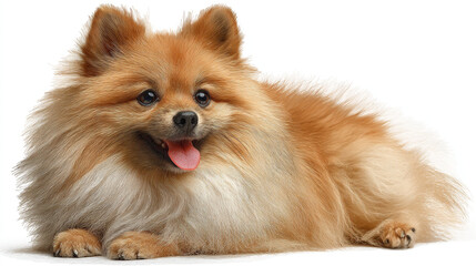 Obraz premium Pomeranian dog lying down, smiling with tongue out against a white background