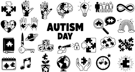 Black and White Line Art Icons for Autism Awareness Day - Puzzle Pieces, Brain, Heart, People