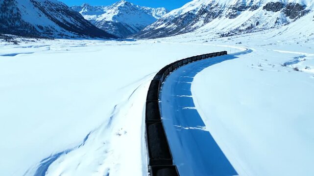 An aerial shot follows a long freight train as it traverses a winding railway line through a vast, snow-covered mountain valley under a brilliant blue sky. The train proceeds steadily through the fro