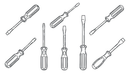 Fototapeta premium A collection of various screwdrivers in a clean black and white outline vector style, suitable for engineering and repair projects