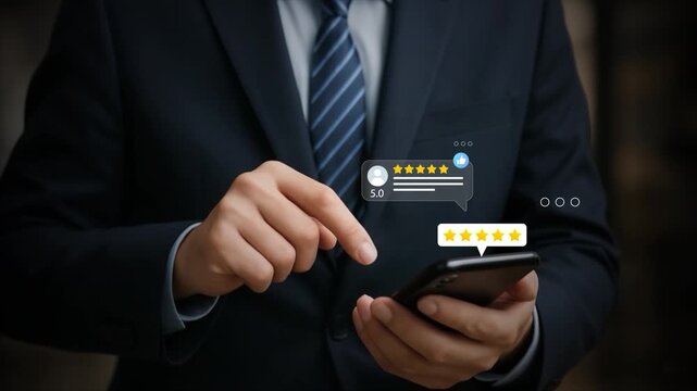 Customer Satisfaction, Digital interaction concept. person using a smartphone to leave a customer review, featuring various star ratings and feedback emoticons- 4k video clip