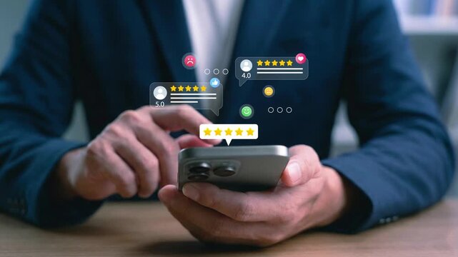 Customer Satisfaction, Digital interaction concept. person using a smartphone to leave a customer review, featuring various star ratings and feedback emoticons- 4k video clip