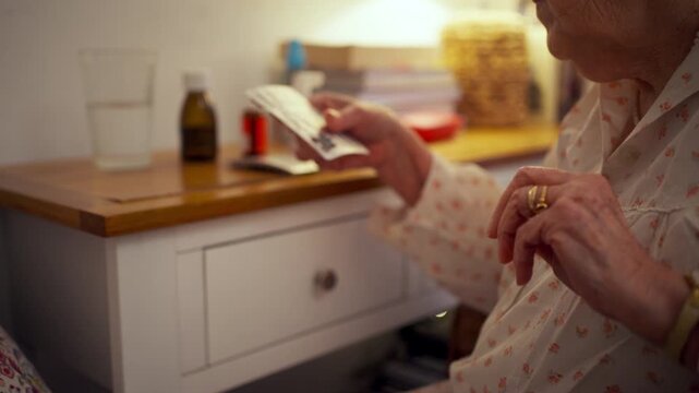 Senior woman taking prescribed pills after waking up.