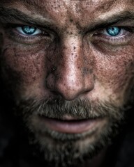 Fototapeta premium Intense Portrait of Bearded Man With Blue Eyes and Dirty Face