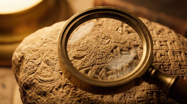 Magnifying Glass Examining Ancient Stone Carvings Archaeology Concept