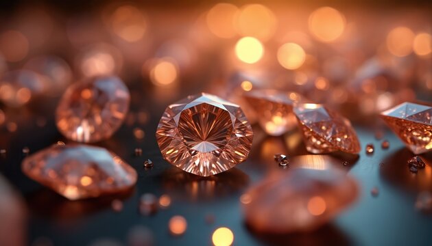 Scattered uncut and cut diamonds sparkle under warm light. Large faceted gems and small rough stones arranged on a dark reflective surface, luxury material.