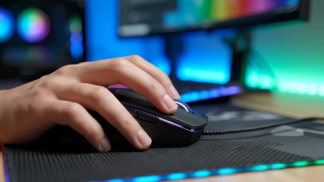 Hand Using a Gaming Mouse on Rgb Mouse Pad on a Desktop Computer