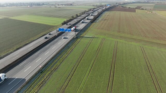 Wallau, Germany - January 21, 2026: Aerial view of German highway A3 between Raunheim and Wiesbadener Kreuz