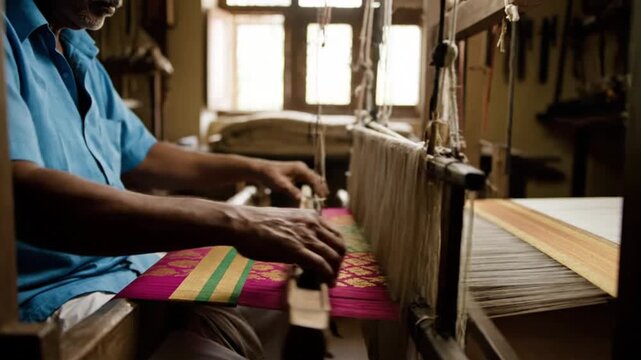 Traditional indian weaver working on handloom textile machine