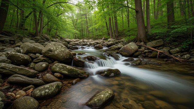 Serene forest stream with rocks. - Powered by Adobe