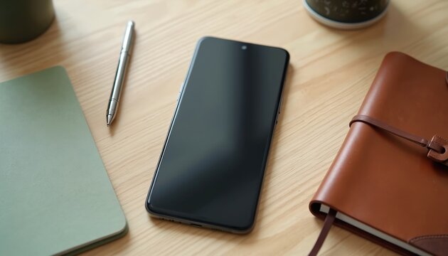 Top view of smartphone, pen, and notebook on wood table. Clean desk setup with mobile device, writing tools, and planner. Minimalist workspace for organization and productivity.