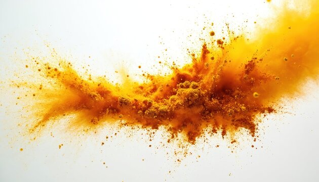Bright yellow turmeric powder explodes in mid air. Fine particles scatter and drift against a clean white background creating a dynamic abstract shape. This spice adds color and zest.