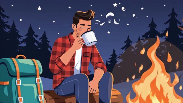 vector animation Night Outdoor Camping, Person Enjoying Evening In Forest, Individual Unwinding Near Warm Glowing Campfire Under Stars, Camper Resting Beside Luminous Fire Beneath Starry Night Sky.