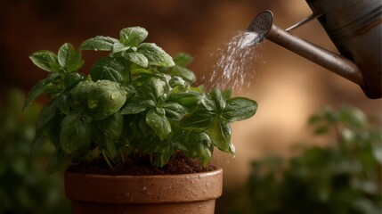 Watering fresh basil plant home garden close-up image natural light greenhouse growth concept for healthy living