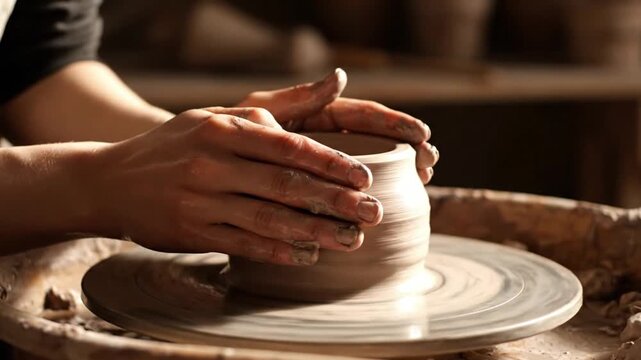 Hands shaping a clay pot on a pottery wheel in a studio