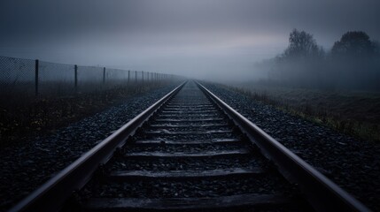 Fototapeta premium Empty railway track stretches into fog, inviting the unknown and forgotten journeys