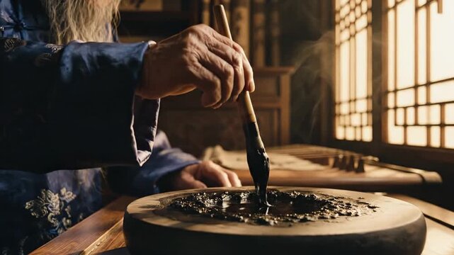 Elderly Chinese Calligrapher Preparing Ink Master Craft Wisdom
