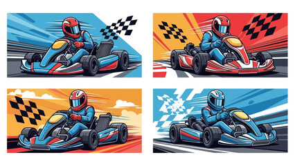 Go-Kart Racing Pixel Art: Four Dynamic Scenes with Checkered Flags © siti