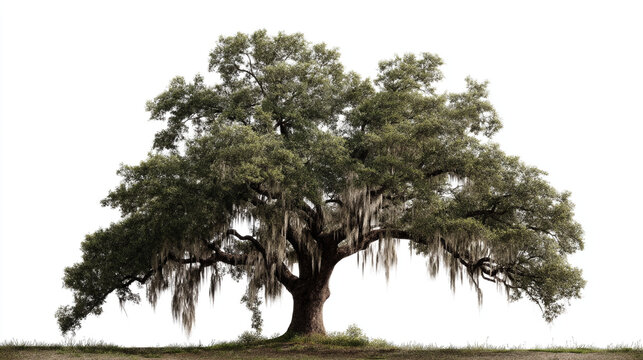 Large live oak tree with Spanish moss, isolated on white background