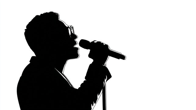 Silhouette of a male singer performing with a microphone, profile view