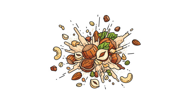 detailed digital illustration, high quality, food composition, various nuts, almonds, hazelnuts, cashews, walnuts, pistachios, scattered in dynamic arrangement, neutral background, natural earthy colo