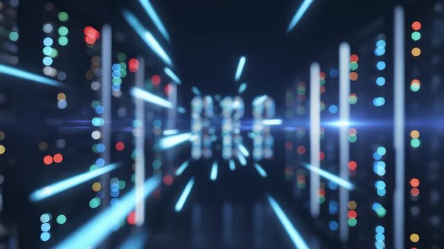 Data Center Servers Convey Data in Modern Digital Futuristic Setting
