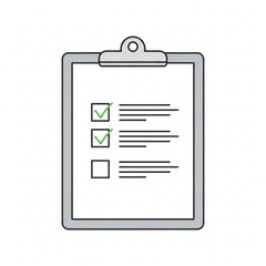 A gray clipboard with a checklist on a piece of paper icon