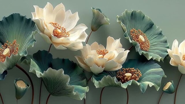 Elegant floral arrangement featuring white lotus blossoms and green leaves