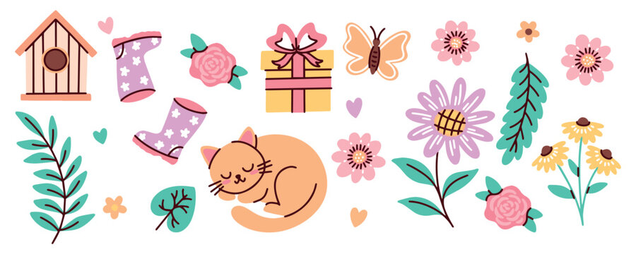 Vibrant spring summer set with domestic animals and wildflowers