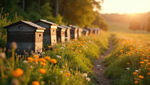 Wooden bee hives rest in field of blooming wildflowers, green grass. Warm sun sets casting long shadows across rural landscape. Bees buzz around apiary collecting nectar. Dirt path winds through