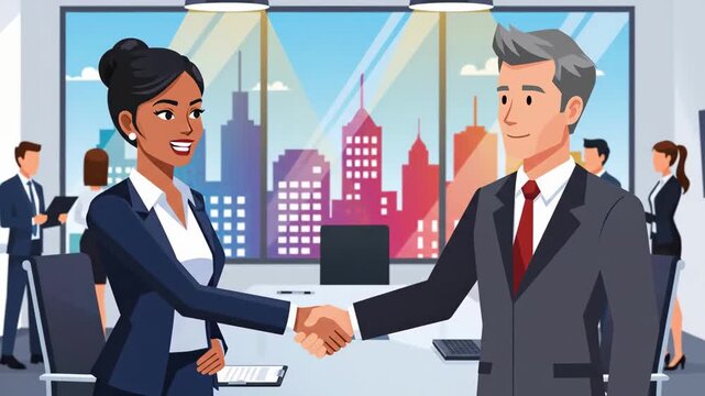 animation vector style, Black Businesswoman Handshake With White Businessman In Modern Office Overlooking City Skyline, Confident Smiles, Formal Suits, Contract Exchange On Desk, Tablet Visible.