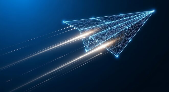 Glowing blue wireframe paper airplane flying through dark space.
