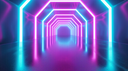 Fototapeta premium Futuristic Hexagonal Neon Tunnel with Cool Blue and Violet High Tech Lighting