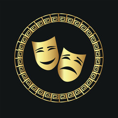 Golden Greek Theater Masks &ndash; Tragedy and Comedy with Classical Ornament, Luxury Gold Gradient Vector Illustration