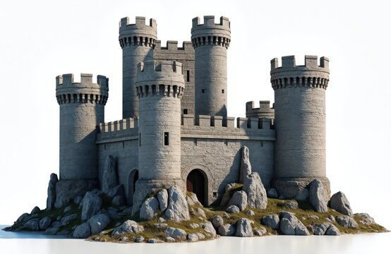 Stone castle fortress with multiple towers, battlements sits on rocky terrain. This ancient structure has fortified entrance, thick walls. Its detailed architecture suggests historical stronghold.