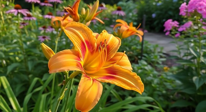 Vibrant orange daylily blossoms in a lush summer garden.