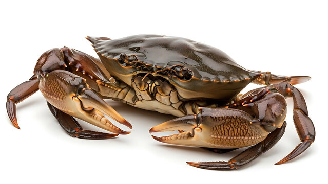 Freshly caught live mud crab with powerful claws, an exquisite marine crustacean delicacy, presented against a clean white backdrop for culinary inspiration