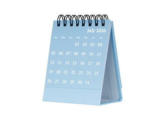 Desktop calendar for July 2026 in blue colour. Mini planner for business and finance, spiral view on isolated white background close up.