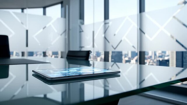 Tablet Displaying Technology Graphics on Conference Table in Office