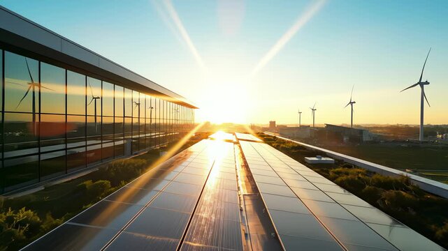 Solar Panels Gleam, Providing Renewable Energy in Building at Sunset