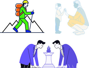 Fototapeta premium Business partnership, teamwork, and adventure icons, colorful illustrations