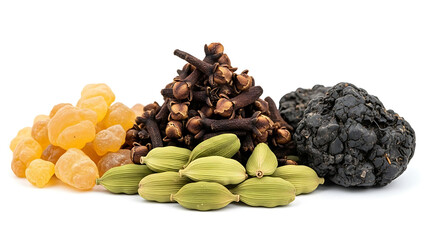 Obraz premium Assorted whole aromatic spices fragrant cloves, green cardamom pods, golden crystals, and unique dark botanicals. Ideal for culinary use and rich herbal infusions