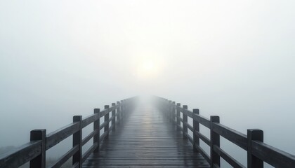 Fototapeta premium Wooden boardwalk recedes into dense fog creating sense of mystery and calm. Sun glows faintly through mist, illuminating pathway over water, offering tranquil journey.