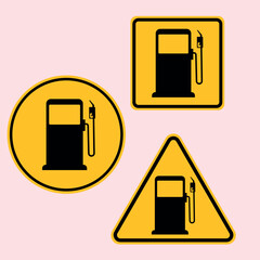 Gas Station Icons Set in Circle Square and Triangle Shapes on Yellow Background
